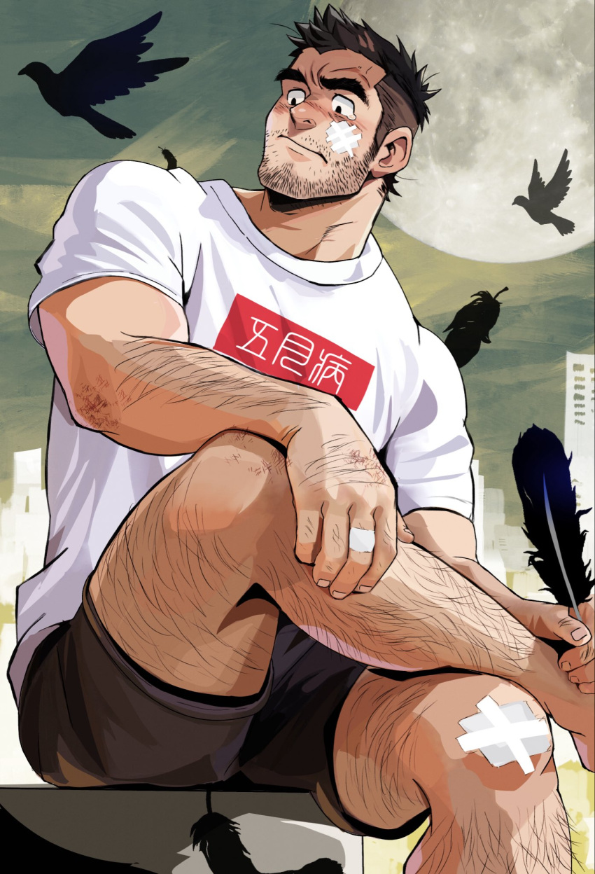 1boy arm_hair bandaid bandaid_on_hand bandaid_on_knee bandaid_on_leg bara beard_stubble bird black_feathers black_hair black_shorts blush closed_mouth crow facial_hair feathers feet_out_of_frame figure_four_sitting full_moon hand_on_own_leg highres holding holding_feather huge_moon leg_hair looking_to_the_side male_focus moon muscular muscular_male mustache_stubble original shirt short_hair short_sleeves shorts solo stubble suamaru tearing_up thick_eyebrows white_shirt