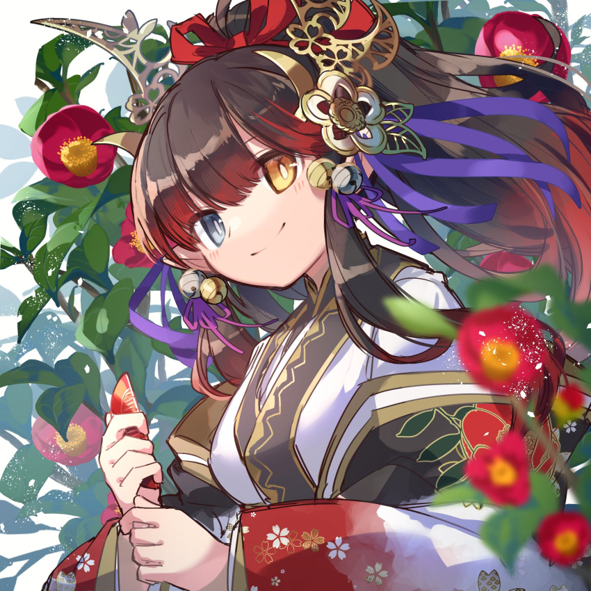 1girl bell blunt_bangs dragon_girl hair_bell hair_ornament hair_ribbon heterochromia highres japanese_clothes jingle_bell kimono kuuron_(moesann17) long_hair ponytail puzzle_&amp;_dragons red_hair ribbon solo torogao tsubaki_(p&amp;d)