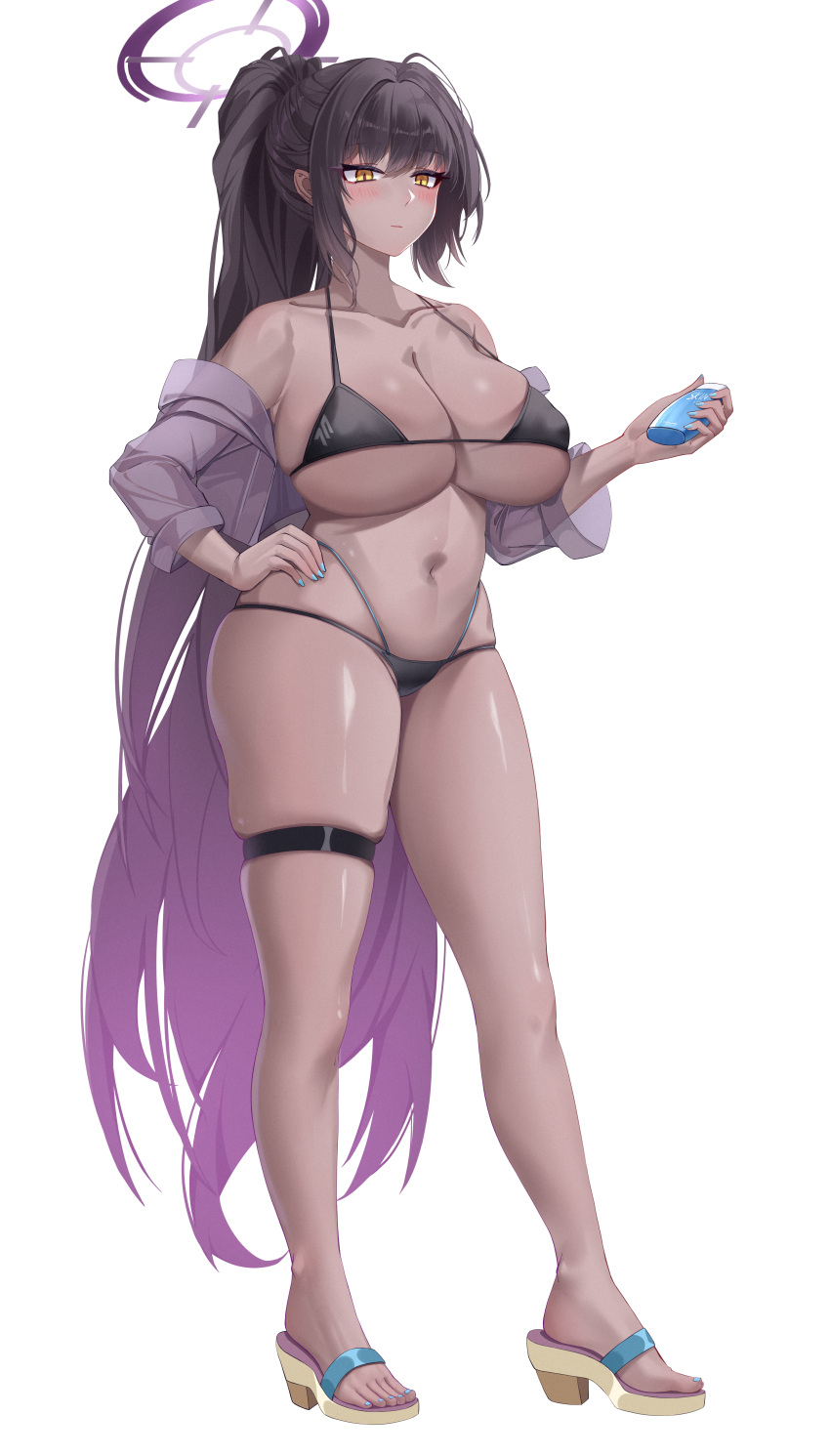 1girl absurdres bikini black_bikini black_hair blue_archive blue_nails blush breasts cleavage closed_mouth collarbone dark-skinned_female dark_skin fingernails full_body halo highres holding jacket kaijiba karin_(blue_archive) large_breasts long_hair nail_polish navel open_clothes open_jacket ponytail purple_halo sandals see-through see-through_jacket simple_background solo swimsuit thigh_strap toenail_polish toenails toes white_background yellow_eyes