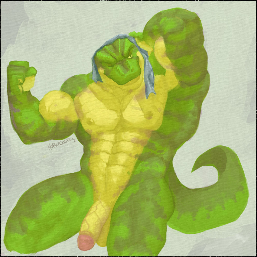 1:1 anthro balls biceps casual_nudity crocodile crocodilian crocodylid flaccid foreskin genitals green_body hi_res humanoid_genitalia humanoid_hands humanoid_penis male manly morlacoste muscular muscular_anthro muscular_male navel nipples non-mammal_balls non-mammal_navel non-mammal_nipples nude pecs penis reptile scalie simple_background solo tail