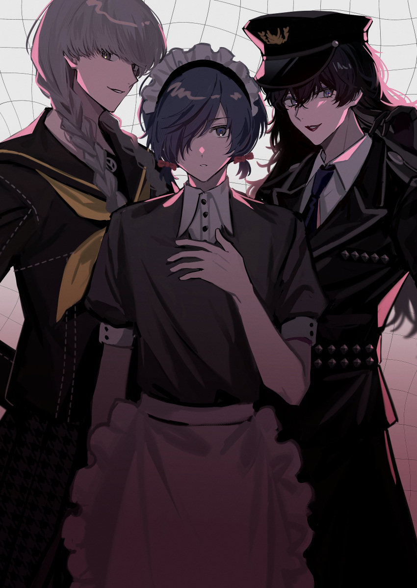 3boys absurdres amamiya_ren apron black_hair black_hat black_sailor_collar blue_eyes blue_hair braid collared_shirt crossdressing grey_eyes grey_hair hair_between_eyes hair_over_one_eye hand_on_own_chest hat highres lipstick long_hair long_sleeves looking_at_viewer maid_headdress makeup male_focus multiple_boys narukami_yuu neckerchief otoko_no_ko parted_lips persona persona_3 persona_4 persona_5 persona_5:_dancing_star_night persona_dancing police police_hat police_uniform pswlv05 sailor_collar school_uniform serafuku shirt short_sleeves short_twintails simple_background skirt twin_braids twintails uniform waist_apron yasogami_school_uniform yellow_neckerchief yuuki_makoto_(persona_3)