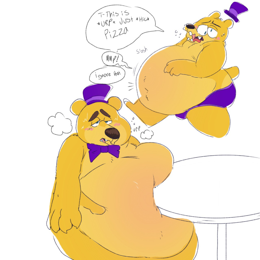 3_fingers 5_fingers animatronic anthro belly big_belly bloated blush bodily_fluids bow_tie burping clothing cross-eyed dialogue eyebrows fingers five_nights_at_freddy's five_nights_at_freddy's_4 fredbear_(fnaf) fur furniture hat headgear headwear hi_res machine male male_pred mammal muffled multicolored_body multicolored_fur oral_vore overweight overweight_anthro overweight_male purple_clothing purple_hat purple_headwear purple_underwear robot rumbling_stomach simple_background solo speech_bubble sweat swollen table technocaster teeth tired tongue top_hat two_tone_body two_tone_fur underwear ursid video_games vore white_background yellow_body yellow_fur