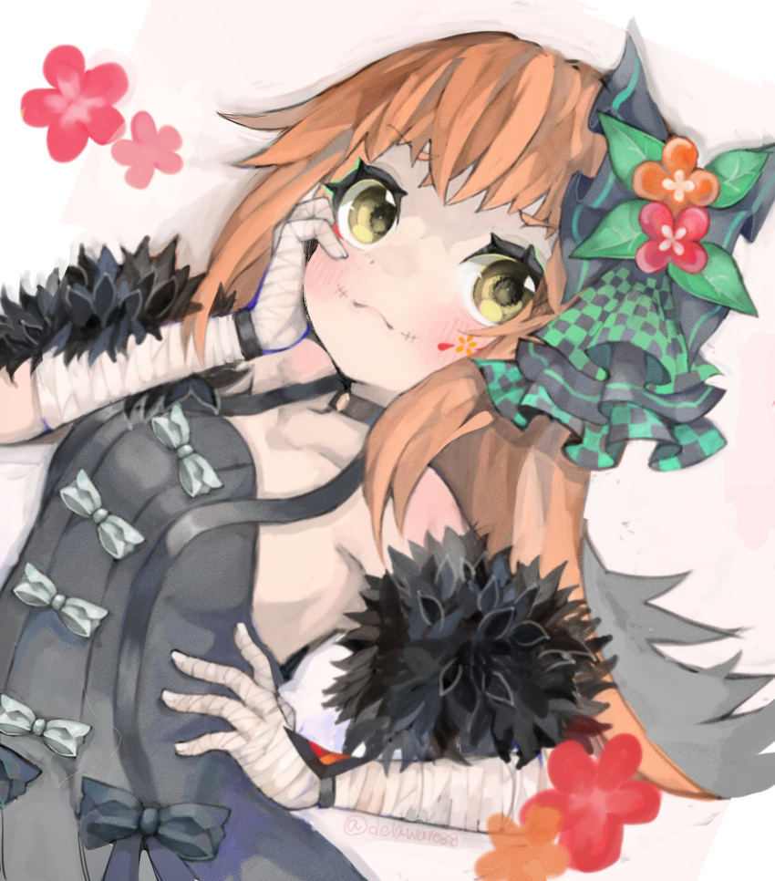 1girl aqua_eyeshadow bandaged_arm bandaged_hand bandages bare_shoulders black_choker black_dress choker delaware3850 dress eyeliner eyeshadow facial_mark fire_emblem fire_emblem_engage flower fur_sleeves hair_ornament hand_on_own_face hand_on_own_hip highres makeup orange_hair panette_(fire_emblem) short_bangs solo stitched_mouth stitches yellow_eyes