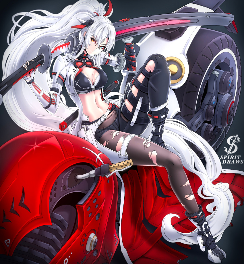 1girl absurdly_long_hair absurdres alpha_(punishing:_gray_raven) artist_logo bandaged_arm bandages black_bra black_leggings black_pantyhose blue_eyes bra commentary eyewear_around_neck grey_hair grey_jacket hair_between_eyes heterochromia highres holding holding_sword holding_weapon jacket katana leggings long_hair lucia:_crimson_weave_(punishing:_gray_raven) mechanical_arms motor_vehicle navel open_clothes open_jacket pantyhose punishing:_gray_raven red_eyes sheath sidelocks single_leg_pantyhose solo spiritdraws sword underwear unsheathing very_long_hair weapon white_hair wide_ponytail