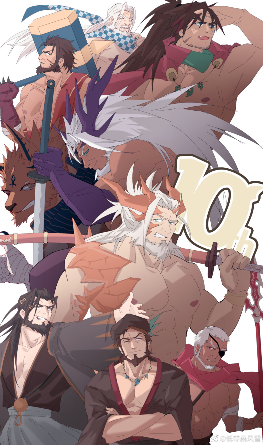 6+boys absurdres artist_name artist_request bara beard beard_stubble brown_hair censored character_censor character_request check_copyright copyright_request crossed_arms dark-skinned_male dark_skin dragon_boy facial_hair fang fang_out full_beard furry furry_male group_picture highres holding holding_sword holding_weapon katana large_pectorals long_hair long_sideburns male_focus mature_male monster_boy multiple_boys muscular muscular_male nipples novelty_censor nude old old_man over_shoulder pectoral_cleavage pectorals profile sangokushi_puzzle_taisen scales short_hair sideburns standing stubble sword sword_over_shoulder thick_beard weapon weapon_over_shoulder white_hair