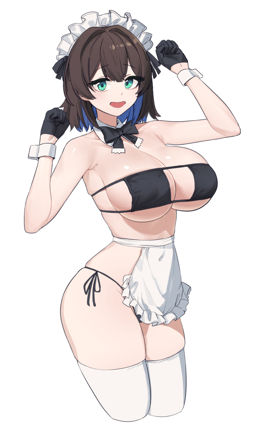 1girl :d absurdres aningay apron arm_up bare_shoulders bikini black_bikini black_bow black_gloves blue_hair bow breasts brown_hair collar collarbone copyright_request cropped_legs eyepatch_bikini frilled_apron frills gloves green_eyes half_gloves hand_up highres large_breasts maid_headdress multicolored_hair side-tie_bikini_bottom simple_background smile solo swimsuit thighhighs two-tone_hair waist_apron white_apron white_background white_collar white_thighhighs wrist_cuffs