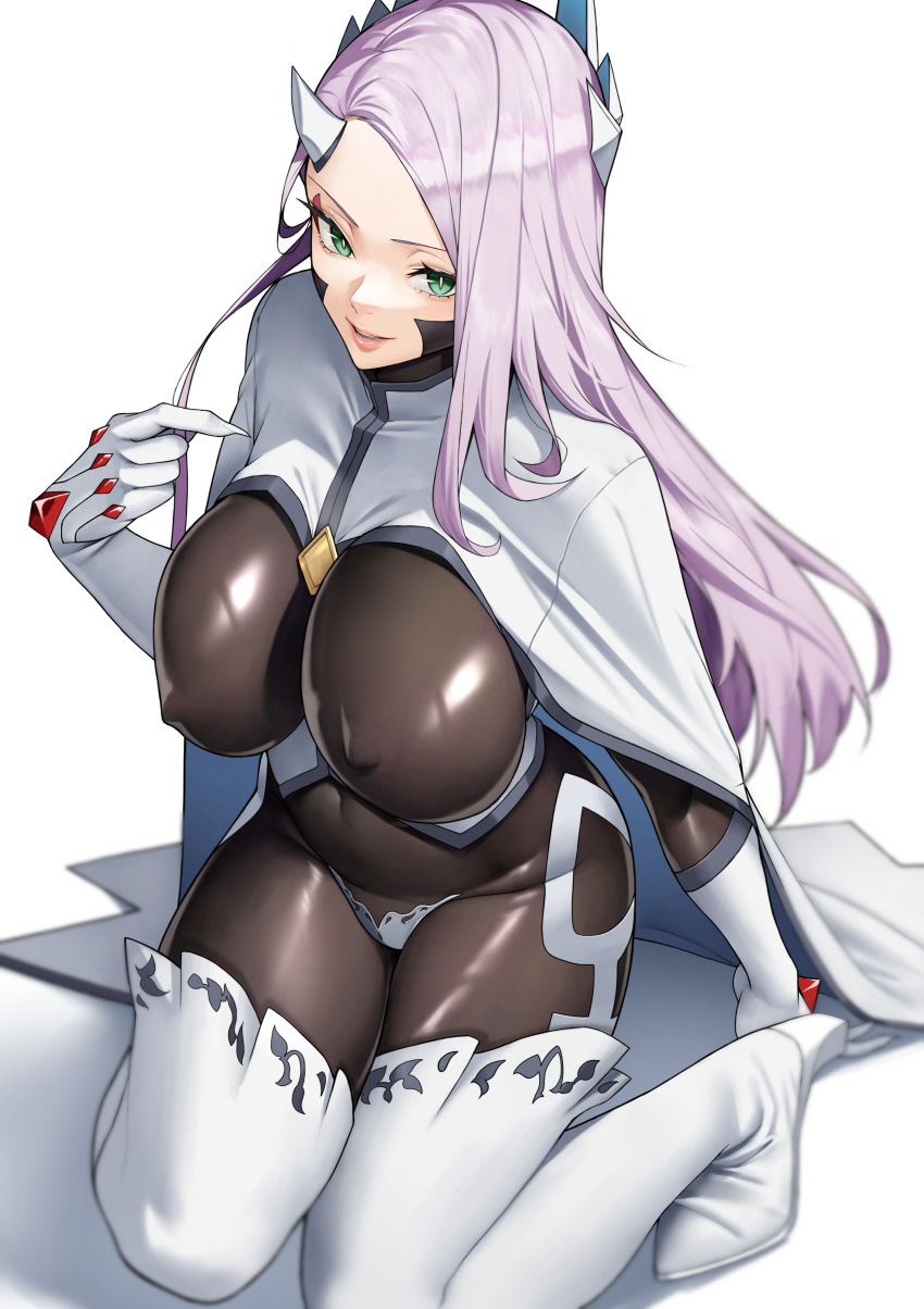 1girl absurdres black_bodysuit bodysuit boots breasts covered_nipples curvy gloves green_eyes highres horns huge_breasts long_hair looking_at_viewer mato_seihei_no_slave purple_eyes smile solo thick_thighs thigh_boots thighs white_background white_gloves yoshio_(55level) yuno_naon