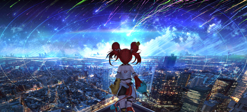 1girl advarcher animal_ears asymmetrical_sleeves blue_sky bow building city_lights cloud collar comet commentary_request cowboy_shot from_behind hakos_baelz hakos_baelz_(1st_costume) highres hololive hololive_english kneepits long_hair mismatched_sleeves mouse_ears mouse_girl mouse_tail multicolored_clothes multicolored_hair multicolored_skirt night night_sky outdoors red_hair scenery shirt skirt sky skyscraper solo spiked_collar spikes standing star_(sky) starry_sky strapless strapless_shirt tail tail_bow tail_ornament thigh_strap thighs twintails virtual_youtuber