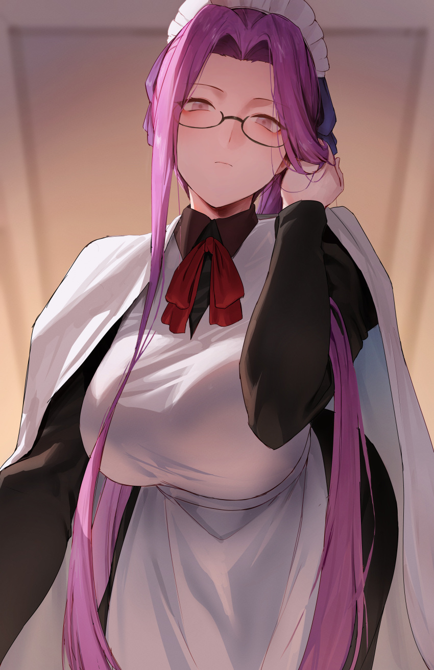 1girl absurdres alternate_costume apron blurry blurry_background breasts brown_eyes closed_mouth dated_commentary enmaided fate/stay_night fate_(series) glasses highres indoors large_breasts long_hair long_sleeves looking_at_viewer maid maid_apron maid_headdress medusa_(fate) medusa_(rider)_(fate) neck_ribbon purple_hair red_ribbon ribbon rororo solo white_apron