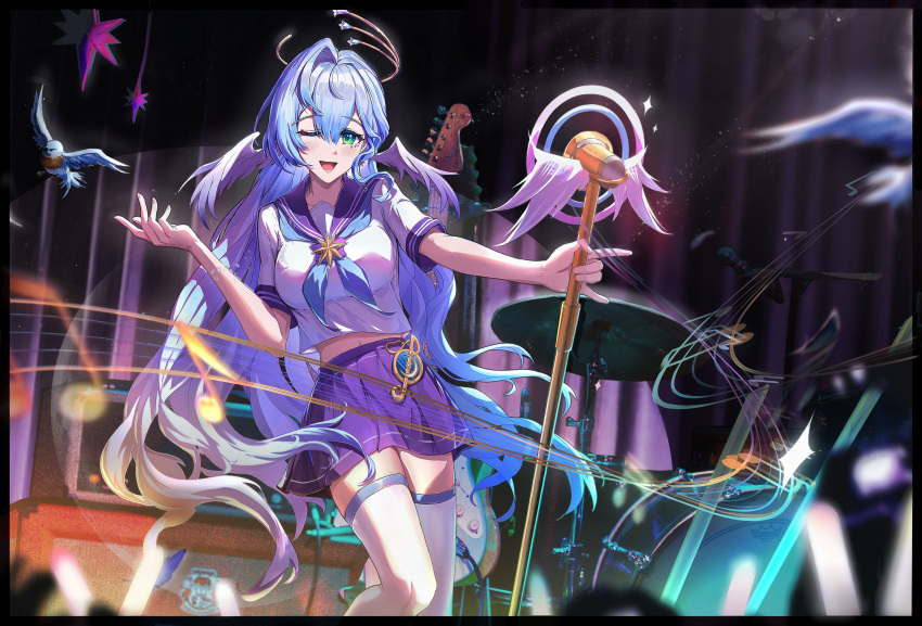 1girl ;d absurdres aqua_eyes blue_hair blue_neckerchief commentary_request feet_out_of_frame hair_intakes head_wings highres holding honkai:_star_rail honkai_(series) long_hair looking_at_viewer midriff miniskirt navel neckerchief one_eye_closed open_mouth purple_sailor_collar purple_skirt revision robin_(honkai:_star_rail) sailor_collar school_uniform serafuku shirt short_sleeves skirt smile solo standing thighhighs very_long_hair wangzili_shitoumen white_shirt white_thighhighs wings zettai_ryouiki