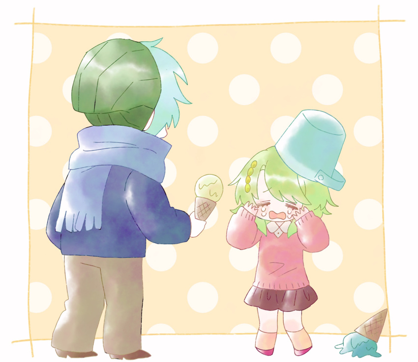 1boy 1girl aged_down beanie blue_hair bucket bucket_on_head child closed_eyes crying food green_hair hair_ornament hat highres hiyori_sou holding holding_food ice_cream ice_cream_cone ice_cream_cone_spill jacket kimi_ga_shine kizuchi_kanna long_sleeves object_on_head open_mouth scarf skirt socks sweater yume_ha_imamo