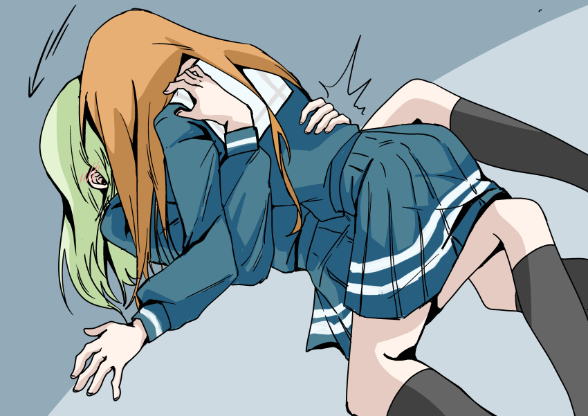 2girls absurdres bang_dream! bang_dream!_it's_mygo!!!!! black_socks blue_shirt blue_skirt blush brown_hair chinese_commentary commentary_request ear_blush feet_out_of_frame girl_on_top green_hair hands_on_another's_back highres kiss kneehighs kokutouemmm leg_between_thighs long_hair long_sleeves lying multiple_girls nagasaki_soyo on_back pleated_skirt sailor_collar shirt skirt socks wakaba_mutsumi white_sailor_collar yuri