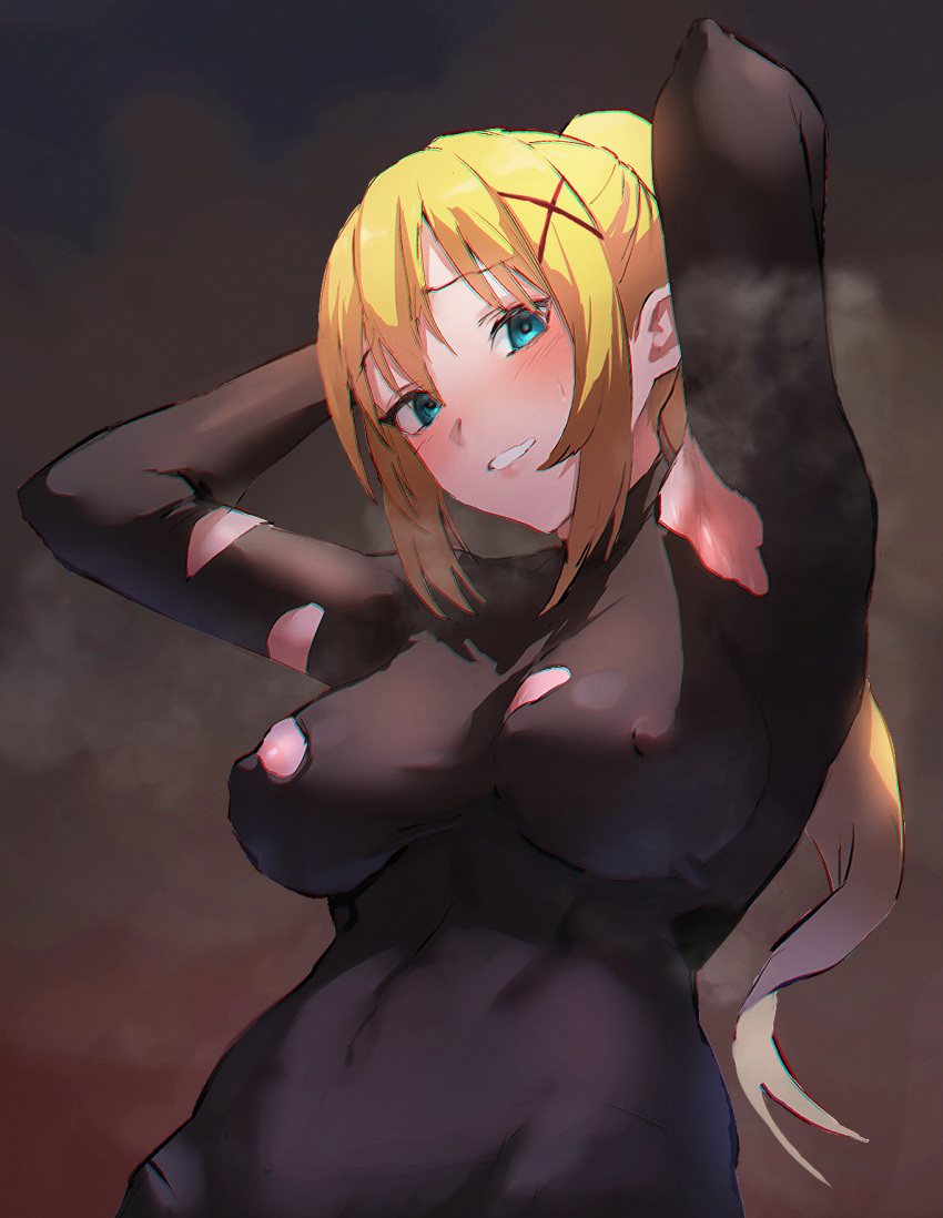 1girl black_bodysuit blonde_hair blue_eyes blush bodysuit breasts covered_nipples darkness_(konosuba) hair_ornament highres kojirou_musashi kono_subarashii_sekai_ni_shukufuku_wo! large_breasts long_hair looking_at_viewer ponytail solo torn_bodysuit torn_clothes x_hair_ornament