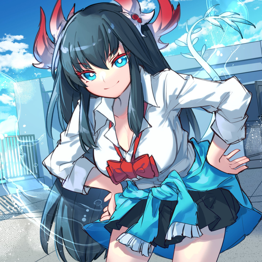 1girl black_hair blue_eyes bow breasts clothes_around_waist dragon_girl dragon_horns dragon_tail gin_tonic_(p&amp;d) highres horns jacket jacket_around_waist kuuron_(moesann17) large_breasts long_hair pleated_skirt puzzle_&amp;_dragons rooftop school_uniform shirt_tucked_in skirt smile solo tail