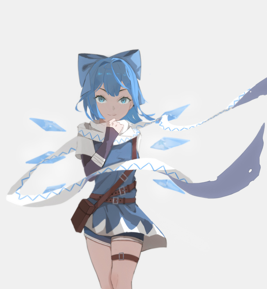 1girl absurdres adapted_costume belt blue_bow blue_dress blue_eyes blue_hair bow cirno dress grey_background hair_bow highres ice ice_wings looking_at_viewer pouch scarf short_dress short_hair shorts_under_dress simple_background smile thigh_strap touhou touhou_hero_of_ice_fairy uroam white_scarf wings