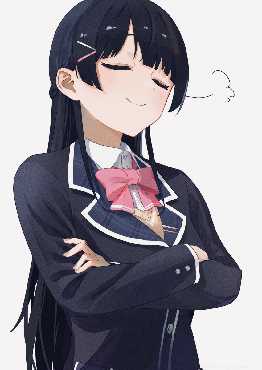 1girl black_hair black_jacket blazer bow bowtie brown_cardigan cardigan closed_eyes closed_mouth collared_shirt crossed_arms dress_shirt hair_ornament hairclip half_up_braid highres hikarinohitori jacket light_blush long_hair long_sleeves nijisanji pink_bow pink_bowtie shirt simple_background smile solo tsukino_mito upper_body virtual_youtuber white_background white_shirt