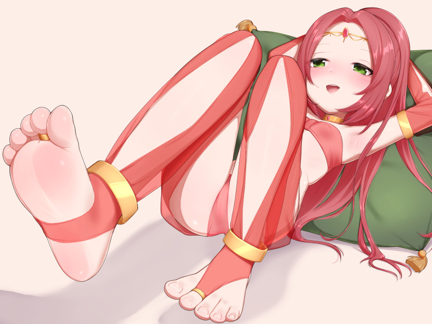 1girl absurdres anklet arabian_clothes armpits barefoot borrowed_character child commission covered_nipples dancer feet foot_focus foreshortening gem goki_buri green_eyes hair_ornament highres jewelry lying original pale_skin pillow pixiv_commission presenting_foot red_hair see-through smile soles solo stirrup_legwear toe_ring toeless_legwear toes