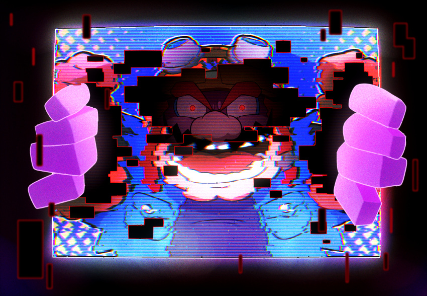 1boy blue_shirt cleft_chin denim denim_jacket facial_hair glitch goggles goggles_on_headwear helmet highres hoshi_(star-name2000) jacket looking_at_viewer motorcycle_helmet mustache open_mouth red_eyes shirt square wario wario_bug warioware warioware:_get_it_together!