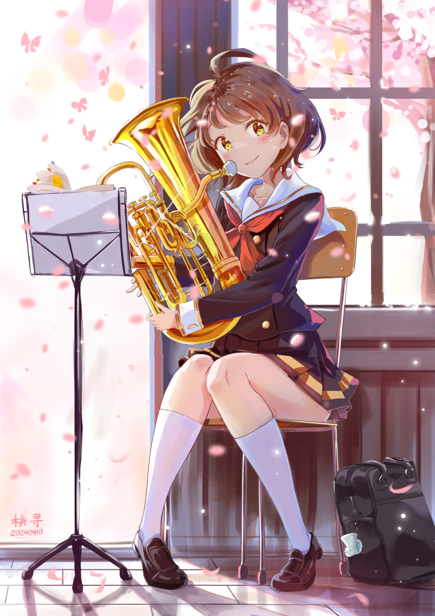 1girl absurdres bag brown_footwear brown_hair chair cherry_blossoms collarbone euphonium fish_shop hibike!_euphonium highres instrument music_stand oumae_kumiko pleated_skirt school_uniform serafuku short_hair skirt smile socks white_socks yellow_eyes