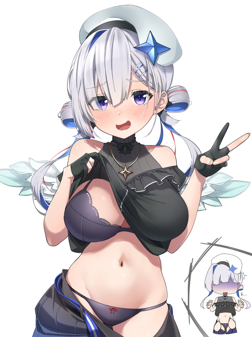 absurdres alternate_breast_size amane_kanata beret black_panties blue_hair blush bow bow_panties bra clothes_lift clothes_pull cowboy_shot eru_(l_illust45) gloves grey_hair hair_between_eyes hair_rings hat highres hololive long_hair looking_at_viewer navel panties partially_fingerless_gloves pulling_another's_clothes purple_eyes shirt shirt_lift shorts shorts_pull simple_background sleeveless sleeveless_shirt smile straight-on twintails underwear virtual_youtuber white_background wings