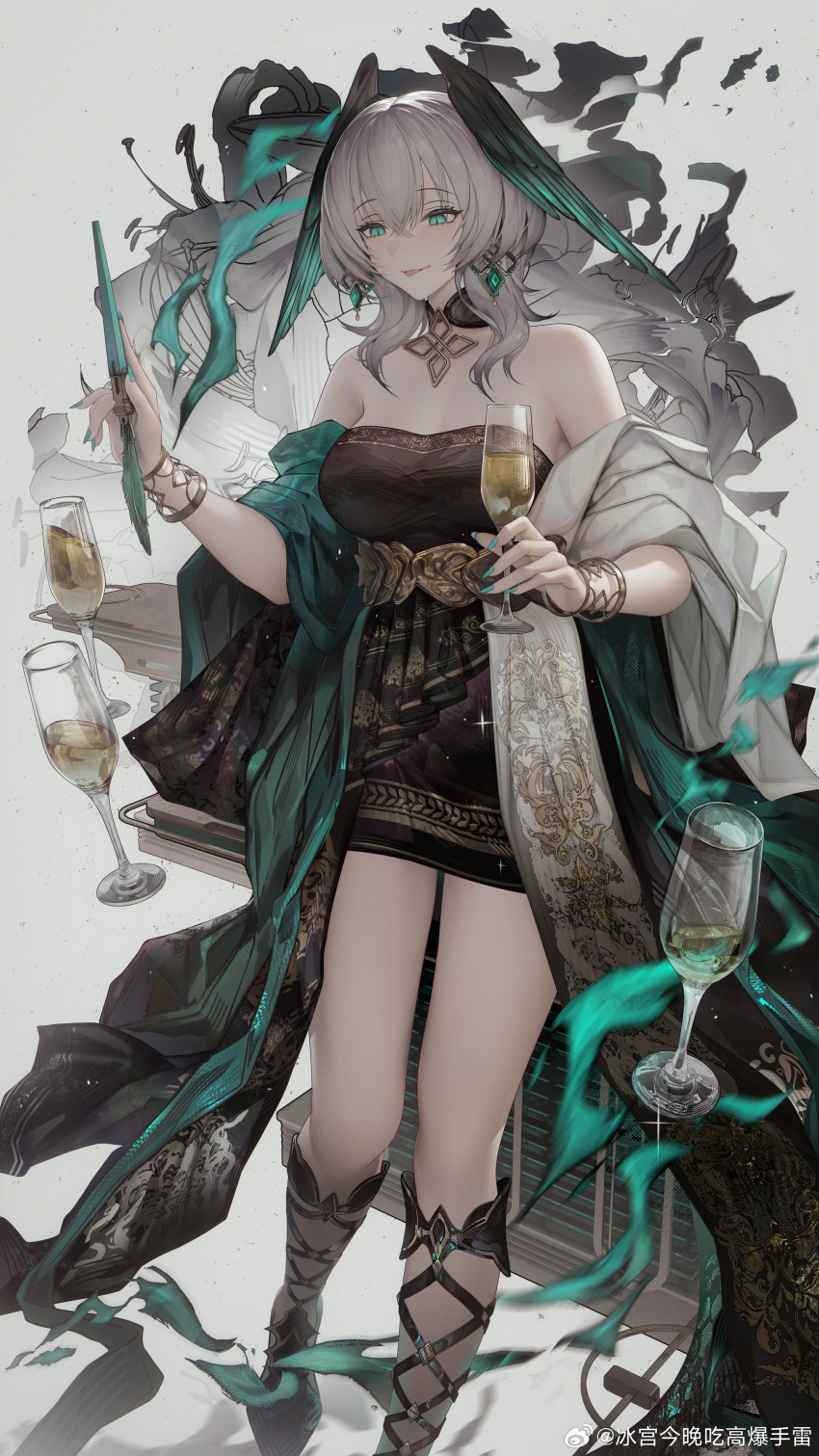 1girl absurdres arknights bare_shoulders binggong_asylum black_collar black_dress black_wings collar commentary_request crossed_bangs cup dress drinking_glass feet_out_of_frame full_body green_eyes green_nails green_wings hair_between_eyes head_wings highres ho'olheyak_(arknights) ho'olheyak_(carriage_of_the_winds_of_time)_(arknights) holding holding_cup holding_paintbrush looking_down multicolored_wings nail_polish official_alternate_costume paintbrush sidelocks slit_pupils solo strapless strapless_dress tongue tongue_out watermark weibo_logo weibo_watermark white_hair wine_glass wings