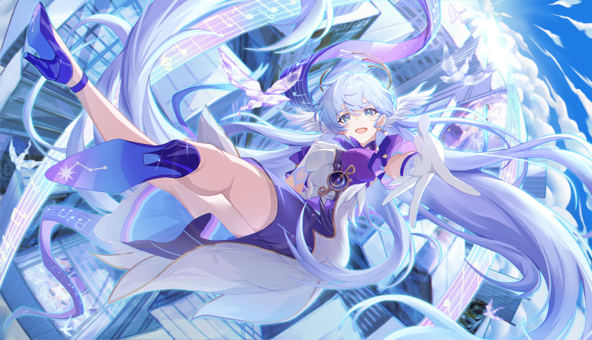 1girl :d absurdres blue_eyes blue_footwear blue_hair bupa_chila day full_body gloves halo head_wings high_heels highres honkai:_star_rail honkai_(series) long_hair looking_at_viewer musical_note open_mouth outdoors robin_(honkai:_star_rail) smile thighs very_long_hair white_gloves wings