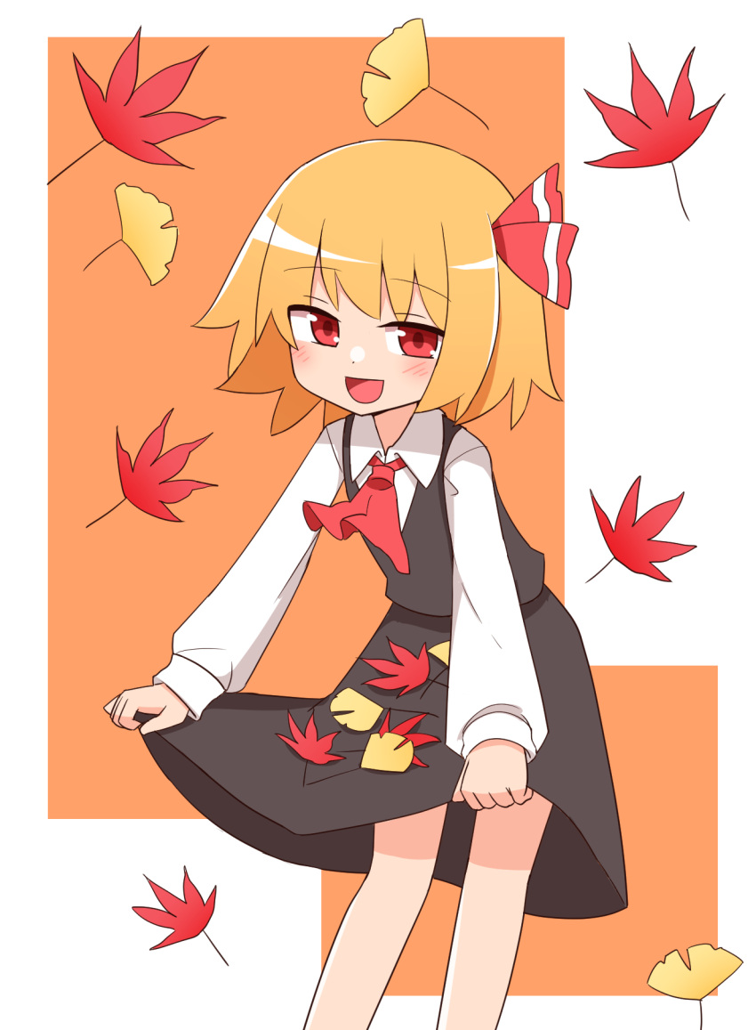 1girl ascot autumn_leaves blush collared_shirt ginkgo_leaf highres leaf leaning_forward long_sleeves looking_at_viewer maple_leaf medium_hair nihohohi open_mouth red_eyes rumia shirt skirt skirt_basket skirt_hold skirt_set smile solo touhou