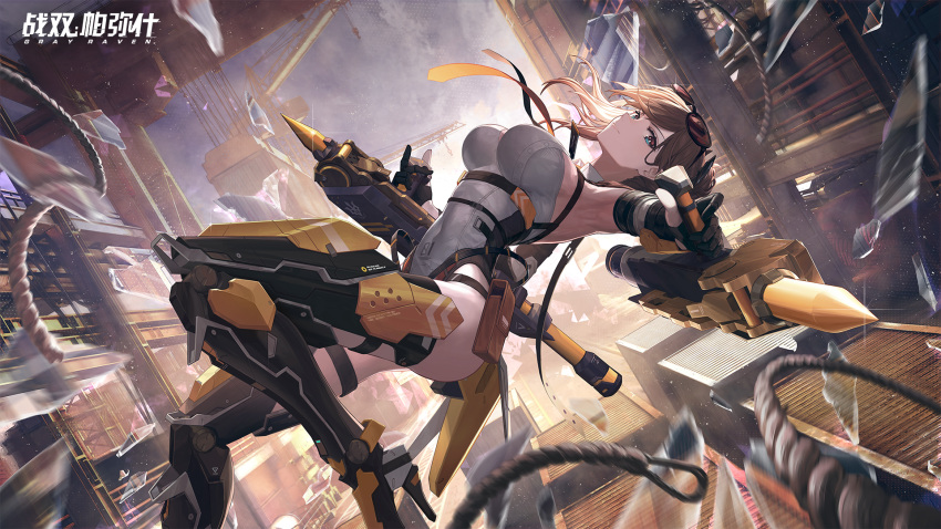 artist_request blue_eyes bridget_(punishing:_gray_raven) broken_glass brown_hair cityscape gauntlets glass highres jumping leaning_back light_smile looking_at_viewer mechanical_legs mechanical_parts official_art ponytail punishing:_gray_raven ribbon rope smile sunglasses