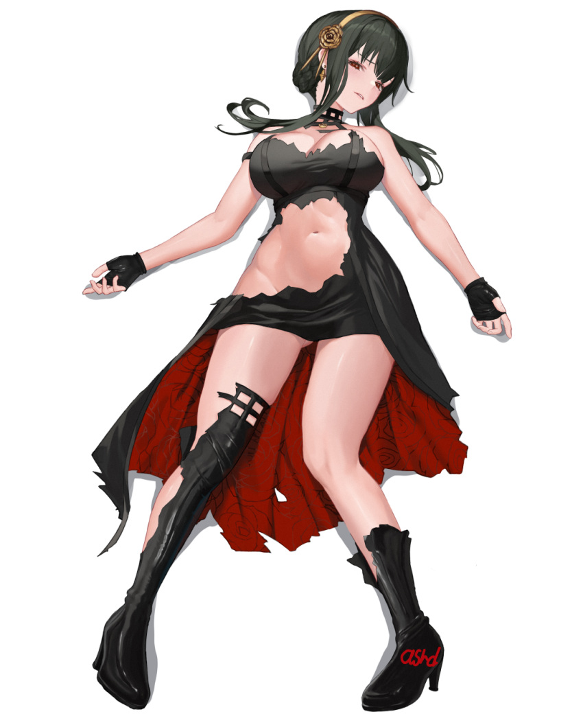 1girl artificial_flower asurada_yui bare_shoulders black_dress black_footwear black_gloves black_hair blush boots breasts cleavage dress earrings fingerless_gloves full_body gloves hairband head_tilt high_heel_boots high_heels highres jewelry large_breasts long_hair looking_at_viewer lying on_back red_eyes short_hair_with_long_locks sidelocks simple_background solo spy_x_family thigh_boots torn_boots torn_clothes torn_dress very_long_hair white_background yellow_hairband yor_briar