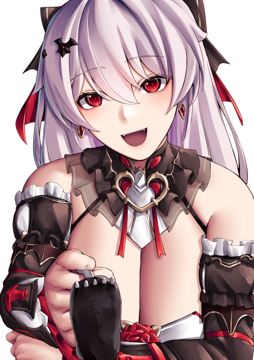 1girl absurdres armpit_crease bare_shoulders bat_hair_ornament black_bow black_collar black_sleeves bow breasts cleavage collar detached_sleeves diamond_earrings earrings fangs flower fork frilled_sleeves frills hair_between_eyes hair_bow hair_ornament highres holding holding_fork honkai_(series) honkai_impact_3rd huge_breasts incoming_food jewelry looking_at_viewer open_mouth pyeong-il_pyeongil red_bow red_eyes red_flower red_rose rose simple_background solo teeth theresa_apocalypse theresa_apocalypse_(luna_kindred) theresa_apocalypse_(lunar_vow:_crimson_love) upper_body upper_teeth_only white_background white_hair