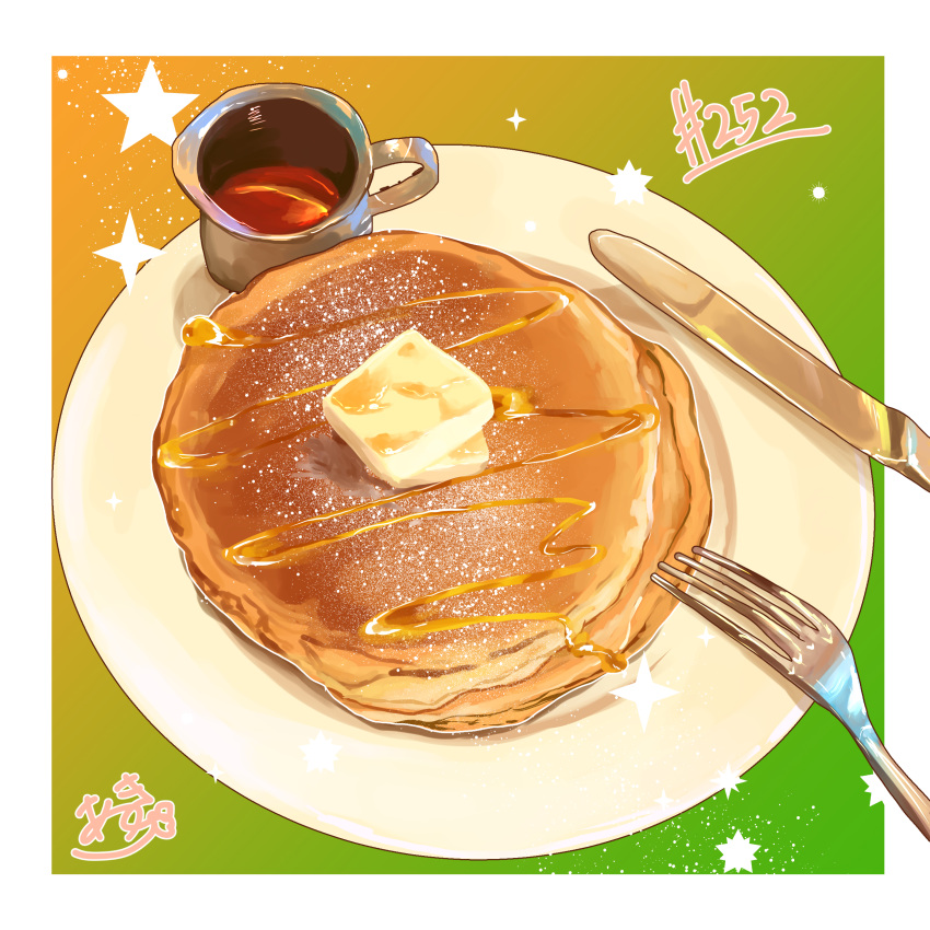 absurdres food food_focus fork highres knife no_humans original pancake pancake_stack plate star_(symbol) syrup takisou_sou