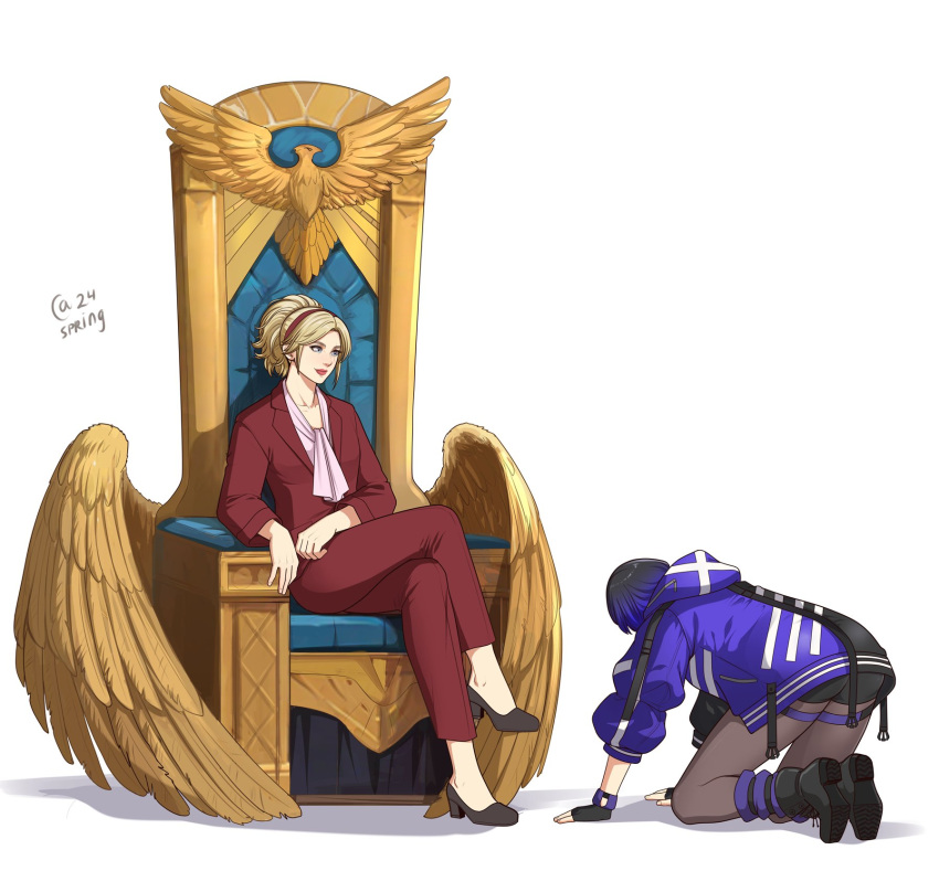 2girls autumn-sacura black_footwear blonde_hair bowing crossed_legs full_body highres jacket lidia_sobieska multiple_girls on_chair reina_(tekken) simple_background sitting sitting_on_throne tekken tekken_8 throne white_background