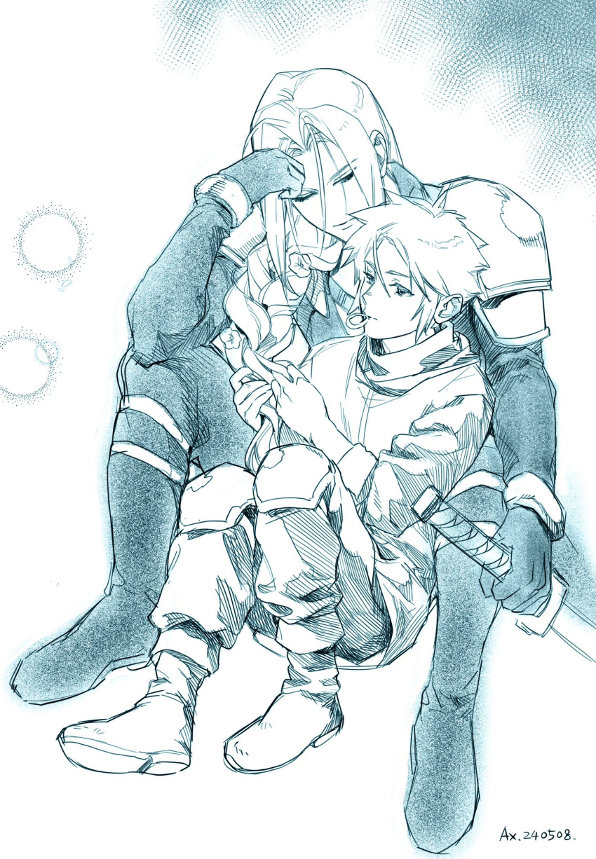 2boys armor ax0057 between_legs blue_theme boots bracer braid braiding_hair cloud_strife coat commentary crisis_core_final_fantasy_vii dated elbow_rest final_fantasy final_fantasy_vii flower flower_braid full_body gloves hair_flower hair_ornament hair_over_shoulder hair_tie hair_tie_in_mouth hairdressing hand_on_own_forehead head_rest highres holding holding_sword holding_weapon katana knee_boots knee_pads knees_up light_smile long_hair long_sleeves looking_at_another looking_down male_focus monochrome mouth_hold multiple_boys pants parted_lips pauldrons scarf sephiroth shinra_infantry_uniform short_hair shoulder_armor signature single_braid sitting spiked_hair spread_legs sword weapon