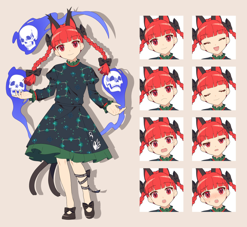 4rion absurdres animal_ears black_bow black_footwear black_ribbon black_tail bow cat_ears cat_tail closed_eyes closed_mouth commentary_request dress expressions extra_ears footwear_bow frilled_sleeves frills full_body green_dress grey_background hair_bow highres hitodama juliet_sleeves kaenbyou_rin long_sleeves mary_janes multiple_views neck_ribbon open_mouth puffy_sleeves red_eyes red_hair ribbon shin_strap shoes simple_background skull standing tachi-e tail touhou