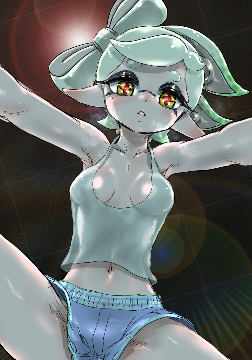 1girl alternate_costume bare_shoulders blue_shorts bow-shaped_hair breasts breath cleavage collarbone cross-shaped_pupils gradient_hair green_hair highres inkling koharu2.5 lens_flare looking_at_viewer marie_(splatoon) medium_breasts mole mole_under_eye multicolored_hair navel parted_lips red_pupils short_eyebrows short_hair shorts solo splatoon_(series) suction_cups symbol-shaped_pupils tank_top tentacle_hair two-tone_hair white_hair white_tank_top yellow_eyes