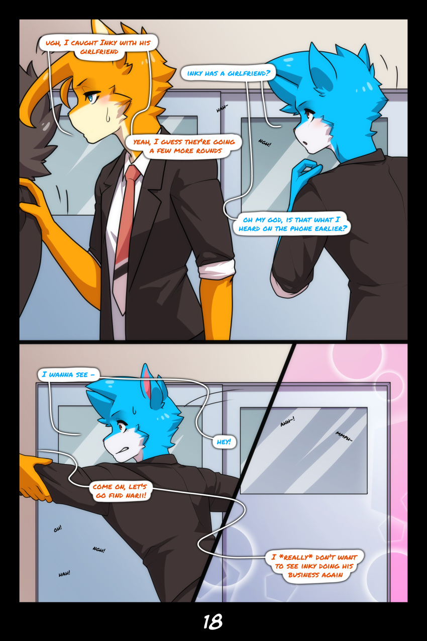 2:3 absurd_res anthro arm_pull black_body black_ears black_fur blue_blush blue_body blue_eyes blue_fur blue_necktie blue_tongue blush canid canine canis clothing comic comic_panel countershade_face countershading dialogue door english_text felid felidae feline felis fur group hi_res jay-r_(character) leo_(jay-r) male mammal neck_tuft necktie orange_body orange_eyes orange_fur pushing shirt siamkhan smile text tongue topwear trio tuft white_clothing white_shirt white_topwear zack_(webtoonfan)