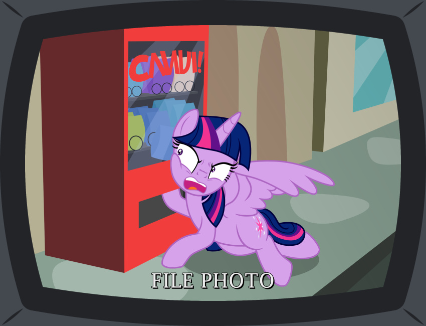 badumsquish equid equine female file_photo friendship_is_magic hair hi_res horn machine mammal my_little_pony purple_eyes purple_hair snack_machine snacks stuck television twilight_sparkle_(mlp) vending_machine winged_unicorn wings