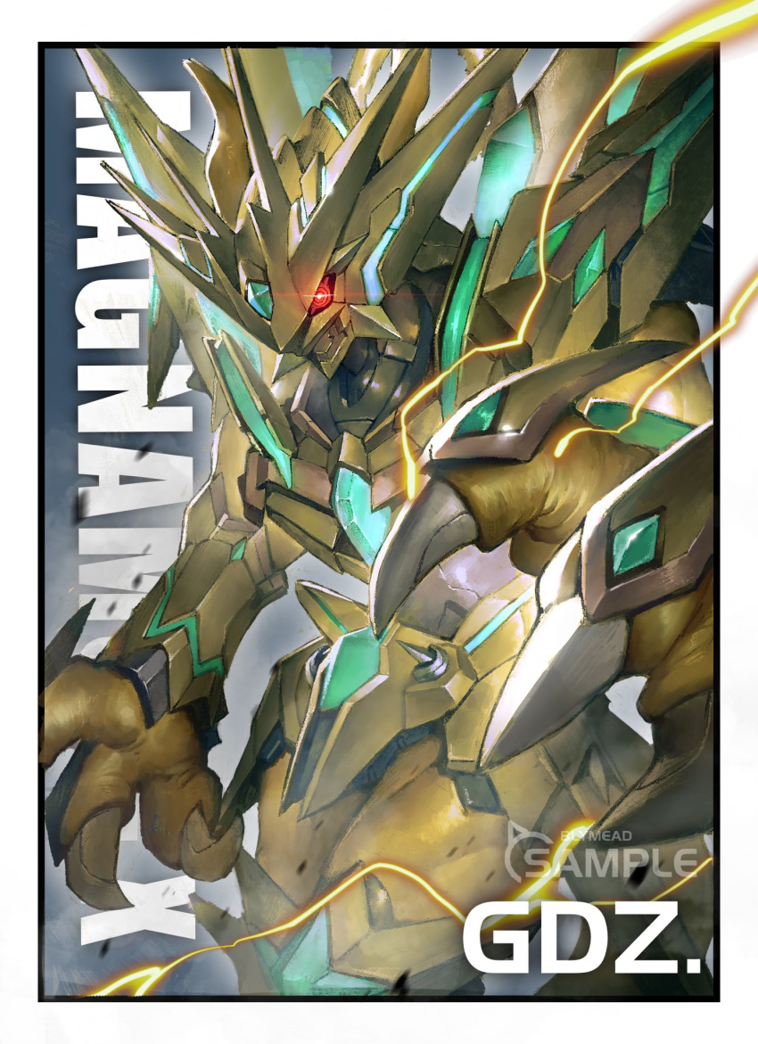 alternate_form armor artist_name bly_mead character_name colored_skin cowboy_shot digimon digimon_(creature) dragon electricity fewer_digits fingernails glowing glowing_eye gold_armor gold_helmet gold_skin highres long_fingernails magnamon_x-antibody mechanical_wings neon_trim no_humans orange_skin red_eyes wings