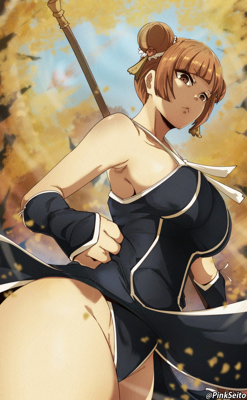 1girl absurdres bare_shoulders black_panties blue_sky blunt_bangs breasts brown_eyes brown_hair clenched_hand detached_sleeves diagonal_bangs double_bun dress english_commentary forest frown hair_bun hair_ornament highres holding holding_polearm holding_weapon large_breasts laufen_(sousou_no_frieren) nature orphen_(pink_seito) outdoors panties pantyshot pelvic_curtain polearm short_hair side_slit sideboob sky sleeveless sleeveless_dress solo sousou_no_frieren twitter_username underwear weapon wind
