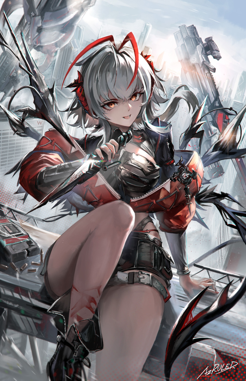 1girl antennae arknights az'ruler brown_eyes commentary dagger grey_hair highres holding holding_dagger holding_knife holding_weapon jacket knife midriff outdoors red_jacket reverse_grip sitting solo thighs w_(arknights) weapon wis'adel_(arknights)