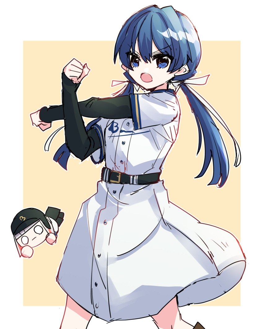 1girl :o :| baseball_helmet belt black_belt black_sleeves blue_eyes blue_hair character_doll closed_mouth colored_inner_hair dark_blue_hair dress feet_out_of_frame grey_hair hair_ribbon helmet highres kanduki_kamibukuro layered_sleeves link!_like!_love_live! long_hair long_sleeves looking_at_viewer love_live! low_twintails medium_dress multicolored_hair murano_sayaka nesoberi o_o open_mouth red_hair ribbon short_hair short_over_long_sleeves short_sleeves sleeves_past_wrists solo streaked_hair twintails v-shaped_eyebrows virtual_youtuber white_dress white_ribbon yellow_background yugiri_tsuzuri