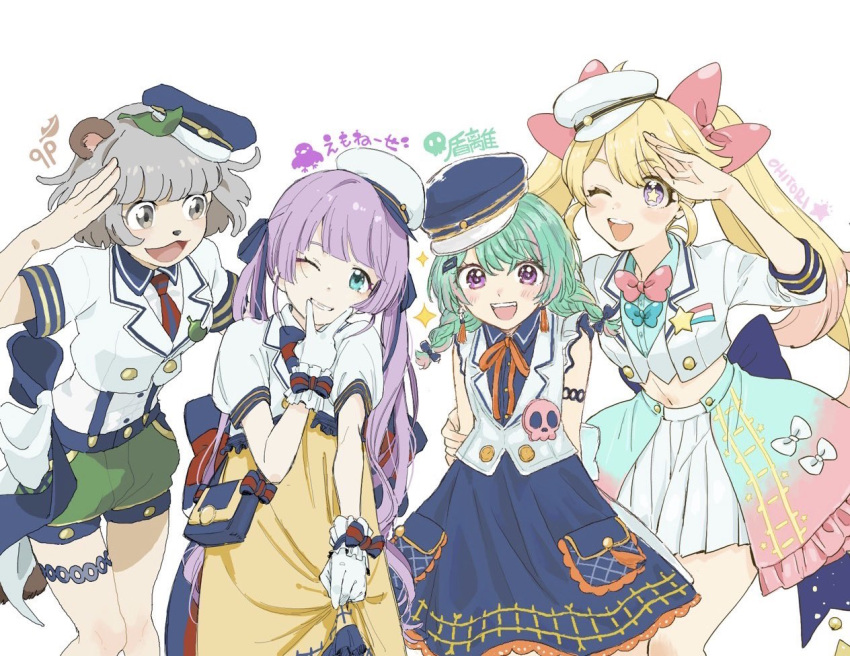 4girls :3 animal_ears animal_nose arm_around_waist artist_name bag blonde_hair blue_bow blue_bowtie blue_eyes blue_shirt blue_skirt blunt_bangs bow bowtie braid collaboration collared_dress collared_shirt commentary_request cowboy_shot cropped_jacket cropped_shirt cropped_vest dress emo_nee_ze frilled_gloves frills gloves gradient_skirt green_hair green_shorts grey_eyes grey_hair hand_on_another's_arm hand_up hat head_tilt hoshizaki_tia indie_virtual_youtuber leaf leaf_on_head lineup long_hair looking_at_another looking_at_viewer low_twin_braids midriff mochi_hiyoko mochipro mode_aim multiple_girls navel neck_ribbon necktie ohitori_(o_hitori_sama_1) one_eye_closed open_mouth overskirt peaked_cap pink_bow pink_bowtie pink_skirt pleated_skirt ponpoko_(vtuber) puffy_shorts purple_eyes purple_hair qp_(qp_anipokopi) raccoon_ears raccoon_girl ribbon saeki_yahiro salute shirt short_hair short_shorts shorts shoulder_bag simple_background skirt sleeves_past_elbows smile standing star-shaped_pupils star_(symbol) striped_necktie suspender_shorts suspenders symbol-shaped_pupils tatehana thigh_strap tilted_headwear twin_braids twintails two-tone_skirt v_over_mouth vest white_background white_gloves white_shirt white_skirt white_vest yellow_dress yellow_pupils