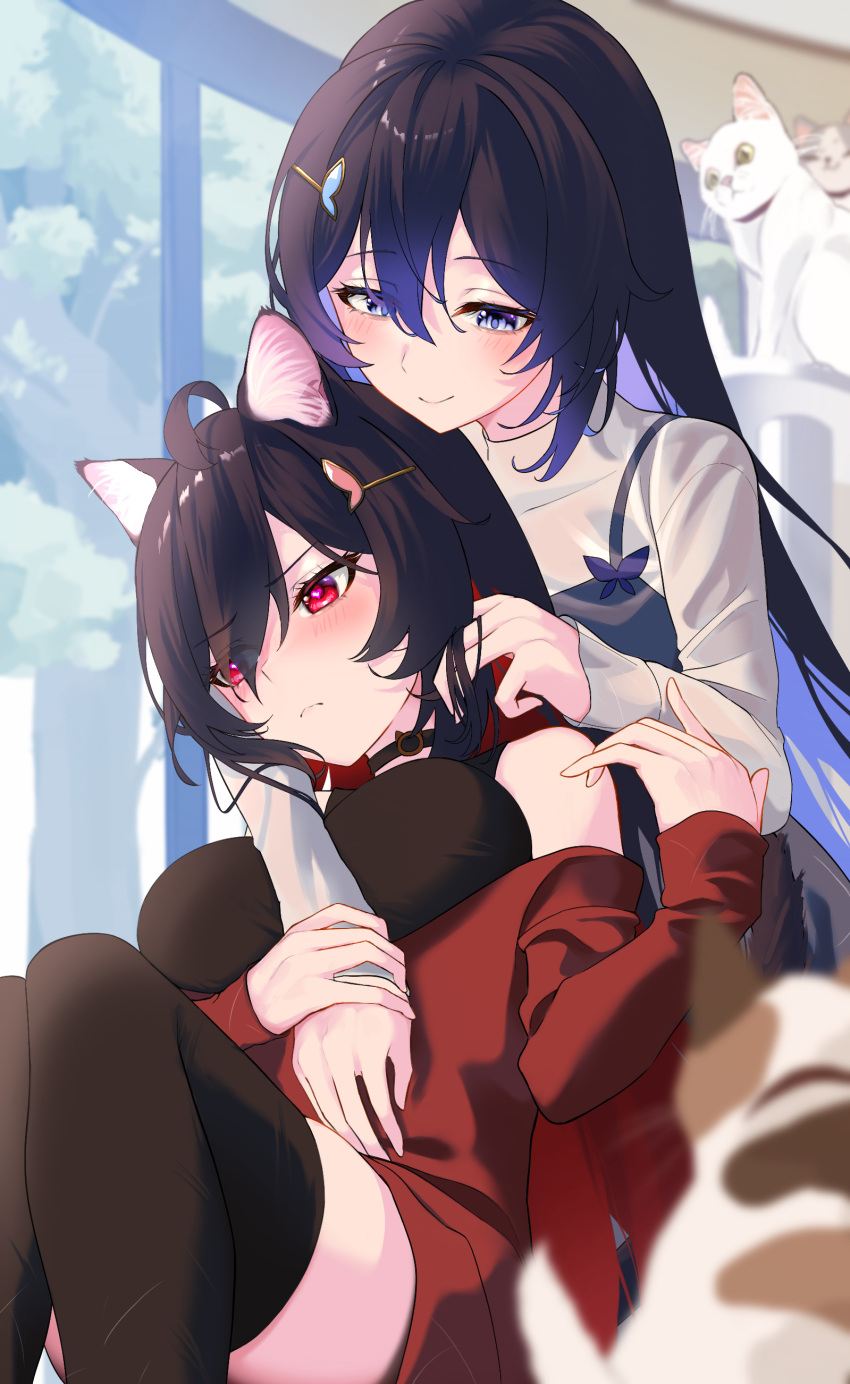 2girls absurdres ahoge animal_ears bare_shoulders black_choker black_hair black_shirt black_thighhighs black_undershirt blush breasts cat cat_choker cat_ears choker eyes_visible_through_hair frown hair_between_eyes hair_ornament hand_in_another's_hair hand_up heart heart_in_eye highres holding_another's_wrist honkai_(series) honkai_impact_3rd large_breasts looking_ahead looking_at_another multicolored_hair multiple_girls nagonako purple_eyes purple_hair red_hair red_sweater see-through seele_(alter_ego) seele_vollerei shirt sidelocks sitting skindentation smile streaked_hair sweater symbol_in_eye thighhighs thighs turtleneck white_cat white_shirt