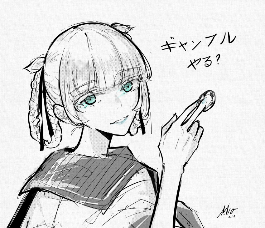 1girl aqua_eyes blue_eyes from_behind greyscale highres kakegurui looking_at_viewer looking_back m10cmdesu momobami_kirari monochrome open_mouth poker_chip school_uniform simple_background sketch smile solo twintails white_background