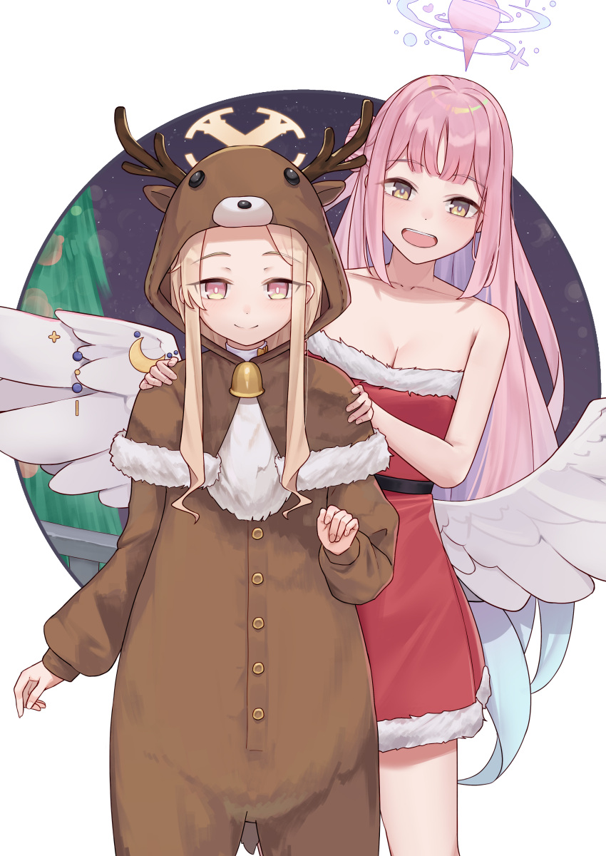 2girls absurdres alternate_costume animal_costume animal_hood bare_shoulders blonde_hair blue_archive breasts brown_eyes brown_hoodie cleavage closed_mouth commentary_request cowboy_shot deer_costume dress feathered_wings hair_bun halo hands_on_another's_shoulders highres hood hoodie long_hair long_sleeves looking_at_viewer mika_(blue_archive) multiple_girls open_mouth orange_halo pink_hair pink_halo red_dress ruha_(ruha12haru) seia_(blue_archive) sidelocks single_side_bun smile standing strapless strapless_dress white_wings wings yellow_eyes
