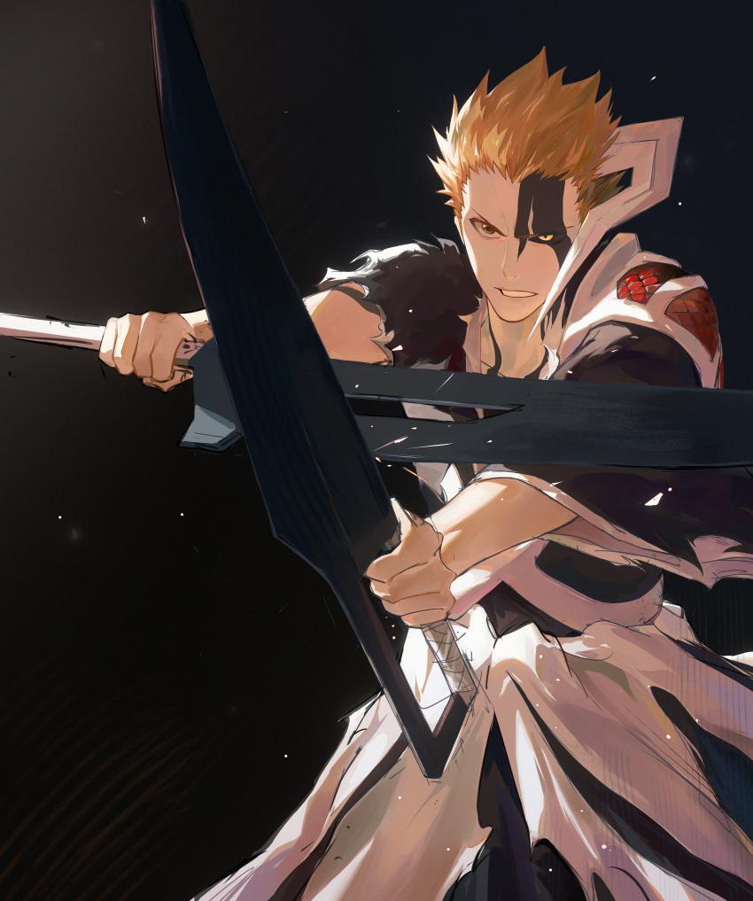 1boy absurdres black_hakama black_sclera bleach bleach:_sennen_kessen-hen brown_eyes colored_sclera cowboy_shot crossed_swords facial_tattoo hair_slicked_back hakama heterochromia highres holding holding_weapon hollowfication horn_of_salvation horns japanese_clothes kurosaki_ichigo looking_at_viewer male_focus orange_hair shihakusho shikai shinigami short_hair single_horn solo spiked_hair standing sword tattoo teeth torn_cloth true_zangetsu_(shikai) weapon yellow_eyes zanpakutou zzz_zhi_he