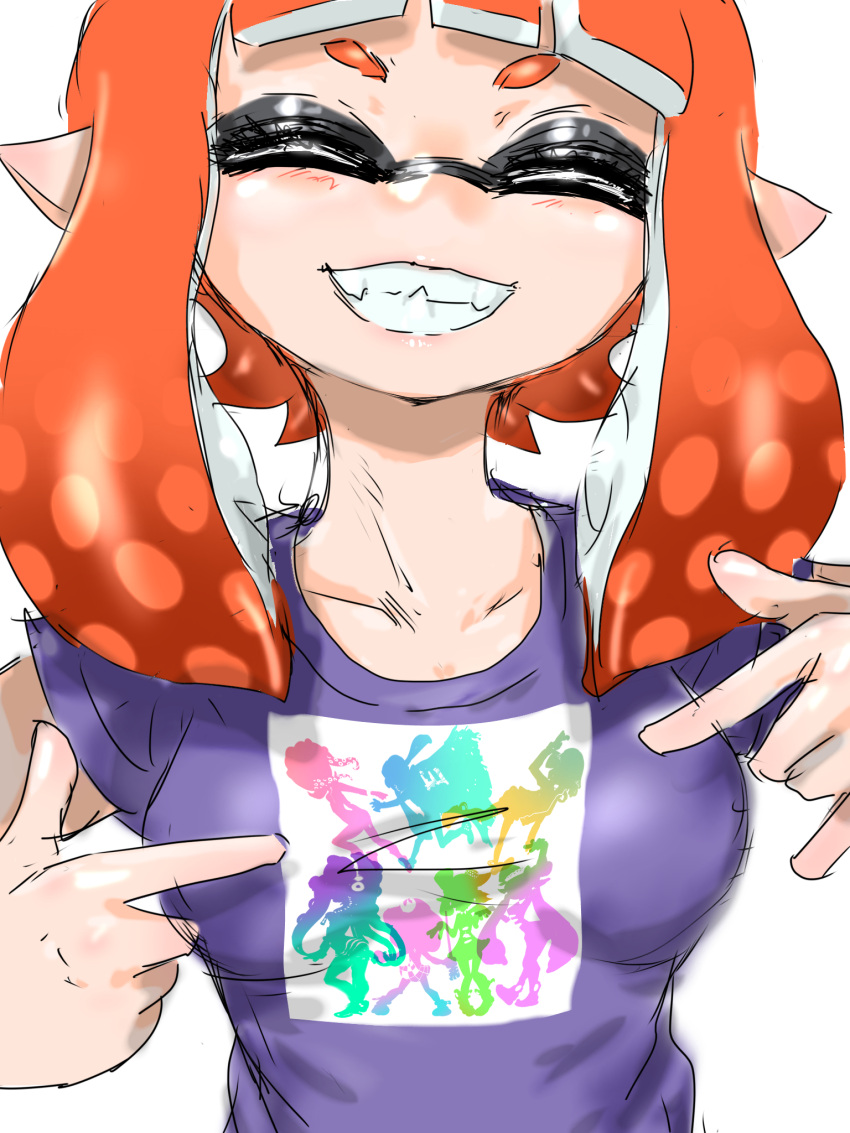 1girl ^_^ agent_3_(splatoon) agent_4_(splatoon) agent_8_(splatoon) breasts callie_(splatoon) closed_eyes collarbone fangs grin highres inkling inkling_girl inkling_player_character koharu2.5 marie_(splatoon) marina_(splatoon) medium_breasts medium_hair orange_hair pearl_(splatoon) pointing pointing_at_self pointy_ears purple_shirt shirt simple_background smile solo splatoon_(series) t-shirt tentacle_hair white_background