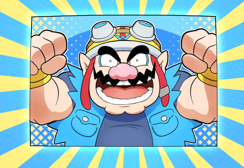 1boy blue_shirt cleft_chin clenched_hands denim denim_jacket facial_hair fingerless_gloves gloves goggles goggles_on_headwear highres hoshi_(star-name2000) jacket looking_at_viewer mustache open_mouth pointy_ears shirt square thick_eyebrows wario warioware warioware:_get_it_together! yellow_gloves