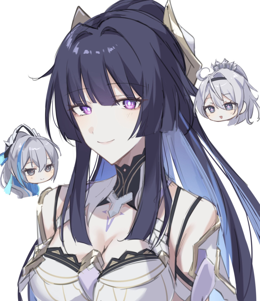 3girls ahoge bare_shoulders black_collar black_hair black_hairband breasts bright_pupils bronya_zaychik bronya_zaychik_(herrscher_of_truth) chest_tattoo cleavage collar commentary_request dress grey_eyes hair_between_eyes hair_intakes hair_ornament hairband head_only high_ponytail highres honkai_(series) honkai_impact_3rd iim_qum kiana_kaslana kiana_kaslana_(herrscher_of_finality) large_breasts long_hair looking_at_another looking_at_viewer multicolored_hair multiple_girls open_mouth pink_pupils purple_eyes raiden_mei raiden_mei_(herrscher_of_origin) sidelocks simple_background smile star-shaped_pupils star_(symbol) streaked_hair symbol-shaped_pupils tattoo upper_body white_background white_dress white_hair white_pupils