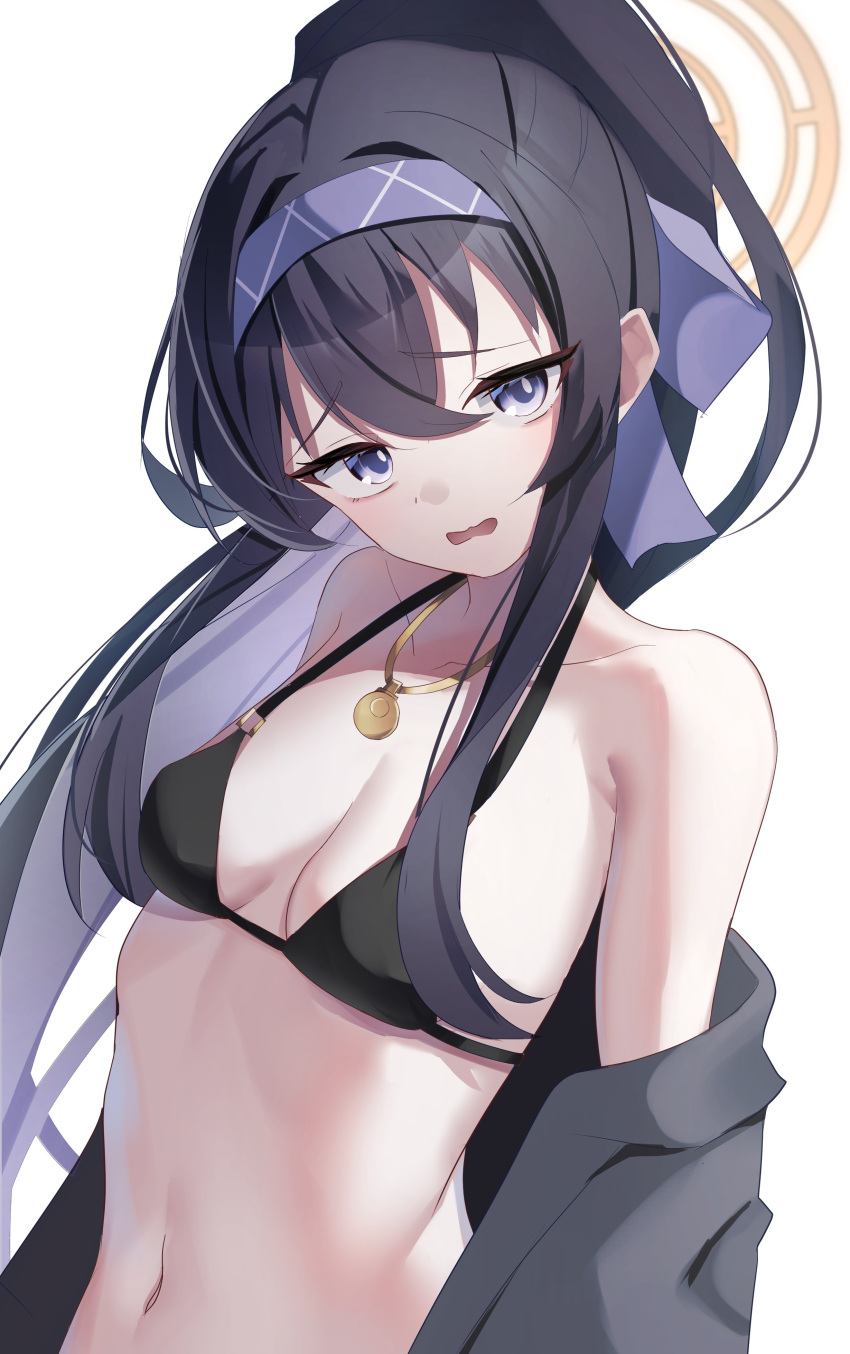 1girl absurdres bikini black_bikini black_hair blue_archive blue_hairband breasts cardigan gold_necklace grey_cardigan grey_jacket hairband halo highres jacket jewelry navel necklace nekoya_crow official_alternate_costume official_alternate_hairstyle open_cardigan open_clothes ponytail purple_eyes purple_hairband simple_background small_breasts solo swimsuit ui_(blue_archive) ui_(swimsuit)_(blue_archive) upper_body white_background yellow_halo